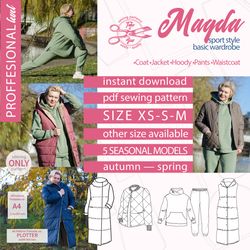 Coat Jacket Hoody Pants Waistcoat. Collection sewing patterns Magda,  Size XS S M, Sport style garment