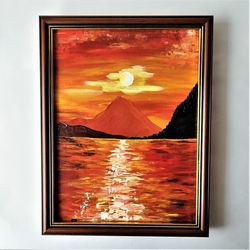 Sunset painting landscape, A sunset painting, Wall art decor, Painting impasto, Sunset scenery painting, Framed art