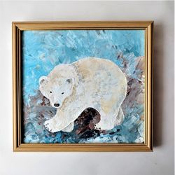 Discount wall art, Acrylic framed art, Animal painting, Textured wall art decor, Polar bear painting, Impasto painting