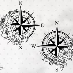 peony compass rose svg & png clipart, floral compass clipart