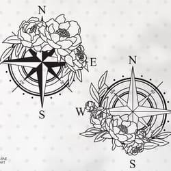 peony compass rose svg & png clipart, floral compass clipart