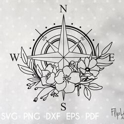 Wildflower Compass rose SVG & PNG clipart, Floral Compass