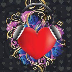 Bright red heart with big headphones design
