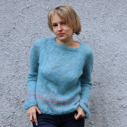 mohair sweater women, wool silk mohair jumper, hand knit pullover, blue mohair loose fit sweater