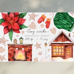 Watercolor Christmas Clipart / Cozy Winter Clipart / Christmas Holiday Clipart /