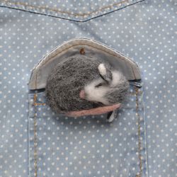 Cute sleeping opossum replica animal brooch for women Needle felted wool replica pin Handmade realistic opossum gift