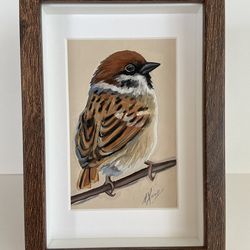 Bird Painting Sparrow Oil Painting in frame 4x6 animalistic artwork