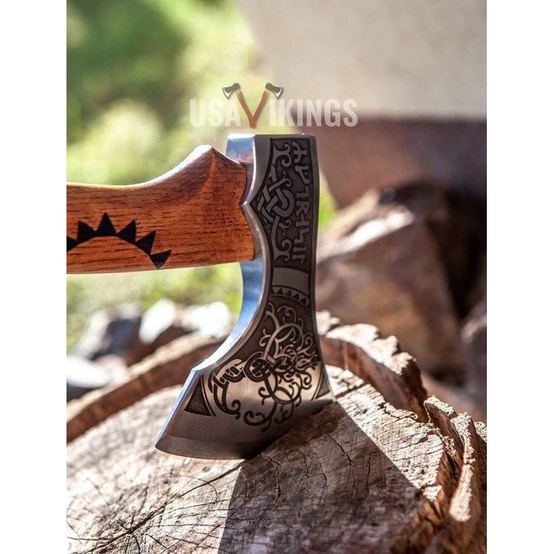 Custom Gift Forged Damascus Steel Viking Axes with Rose Wood Shaft, Viking Bearded Camping Axe, Best Birthday Gift (6).jpg