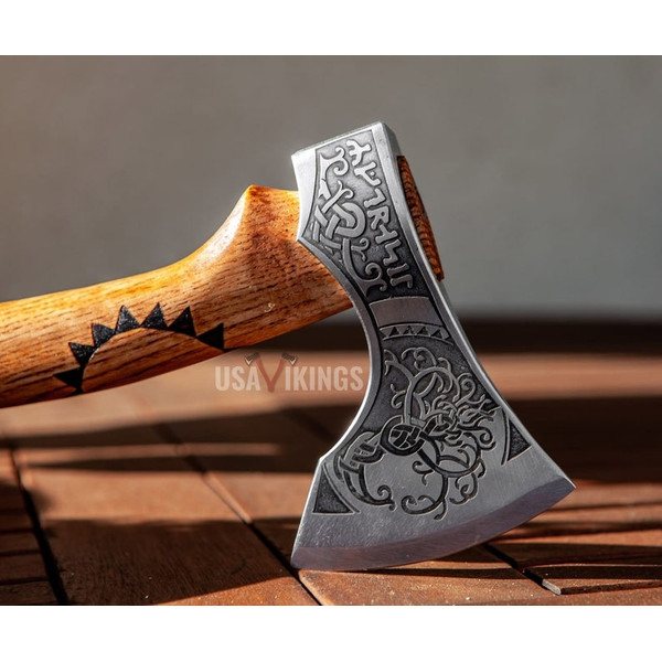 Custom Gift Forged Damascus Steel Viking Axes with Rose Wood Shaft, Viking Bearded Camping Axe, Best Birthday Gift (8).jpg