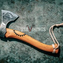 Custom Gift Forged Damascus Steel Viking Axes with Rose Wood Shaft, Viking Bearded Camping Axe, Best Birthday Gift
