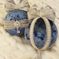 azure blue christmas balls, christmas velvet balls, christmas trinkets, christmas decor, handmade christmas balls
