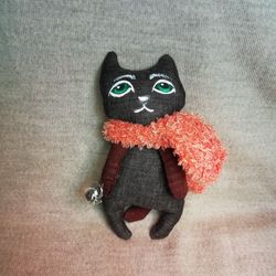 textile cat, cat with a teapot, interior toy, thoughtful cat with a scarf, linen toy,  christmas gift, gift for a girl,