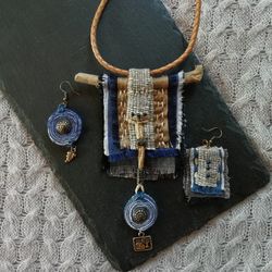 textile jewelry, pendant and earrings set, boho style, jeans, japanese style, natural fabrics, very light jewelry, leath