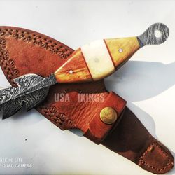 Hunting Bowie Knife , Custom Hand Made Damascus Bowie With Engraved Leather Sheath, Damascus Hunting Knife,