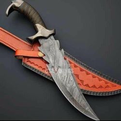 Hand forged knife with Leather Sheath, Damascus steel knife, Personalized knife, DAMASCUS HUNTING Knife, Custom Damascus