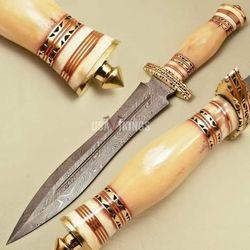 custom handmade damascus steel hunting handmade knife with golden handle and with free leather sheath, hand forged knife
