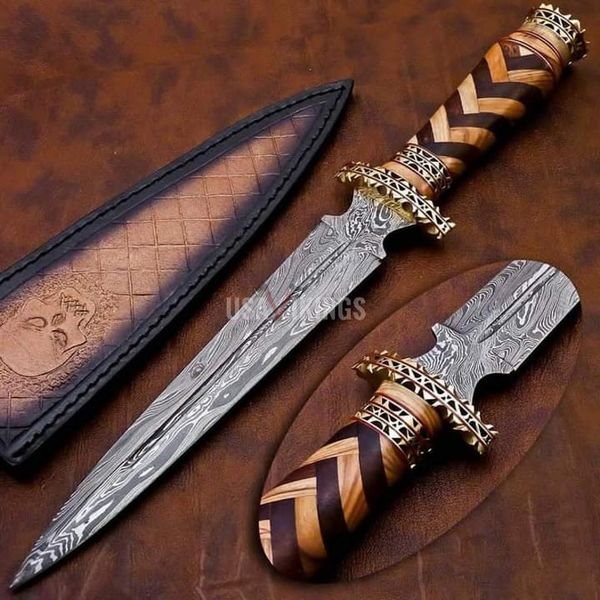 DAMASCUS HUNTING Knife with FREE Leather Sheath, Custom Damascus knife, Hand forged, Damascus steel knife, Brass Guard Spacer, Dagger knife.jpg