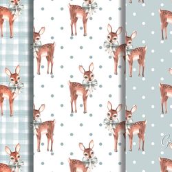 watercolor patterns with fawns. seamless watercolor pattern. digital paper