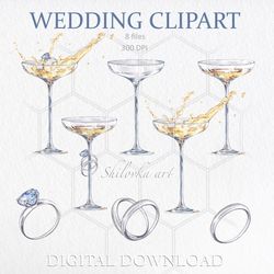 Wedding set. Champagne glasses. Wedding Rings, Wedding clipart PNG. Digital download.