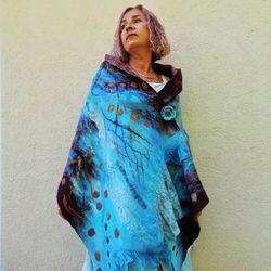 Nuno Felted scarf, winter felted shawl, wool scarf, merino wool, chocolate, turquoise,gift for her,shawl with broch