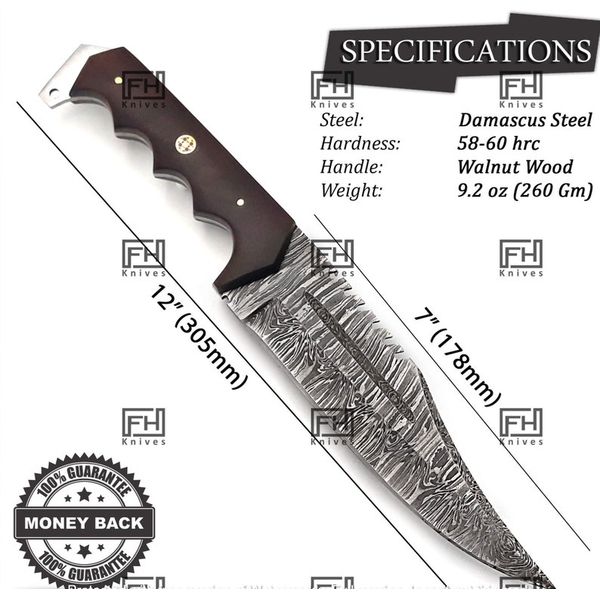 Handmade Damascus bowie knife with sheath Fixed blade hunting knife for Survival Ergonomic Walnut wood handle (3).jpg