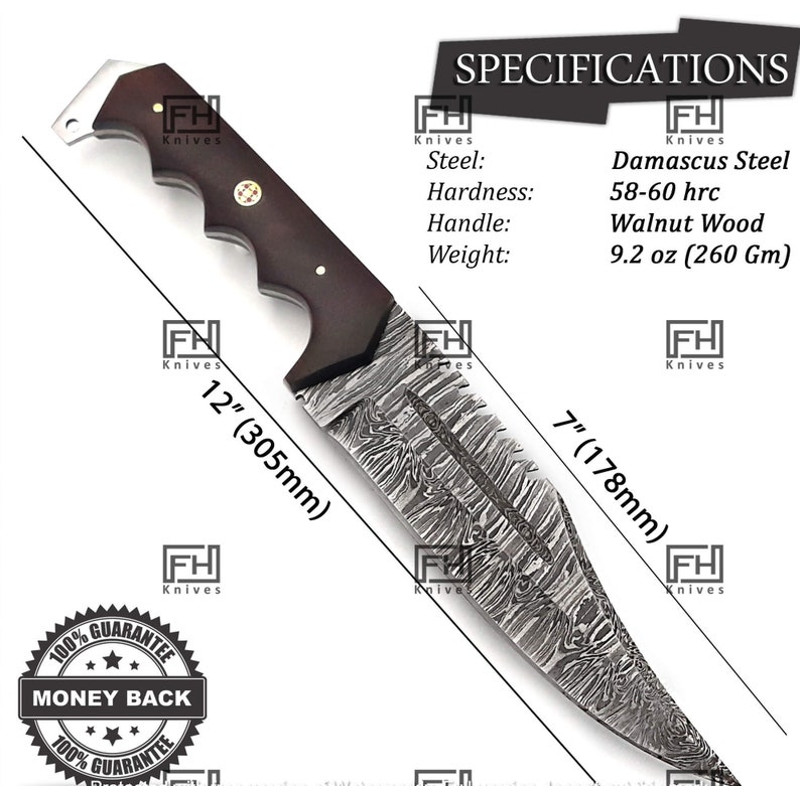 Handmade Damascus bowie knife with sheath Fixed blade hunting knife for Survival Ergonomic Walnut wood handle (3).jpg