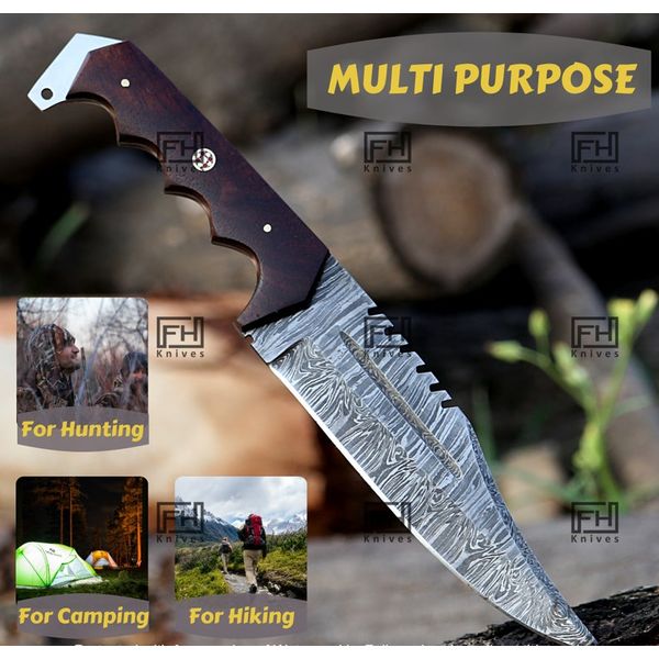 Handmade Damascus bowie knife with sheath Fixed blade hunting knife for Survival Ergonomic Walnut wood handle (4).jpg