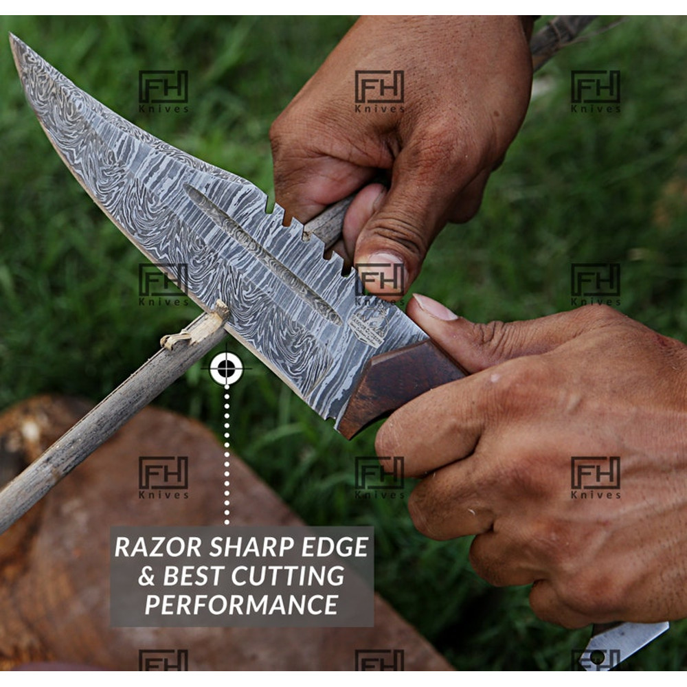 Handmade Damascus bowie knife with sheath Fixed blade hunting knife for Survival Ergonomic Walnut wood handle (5).jpg