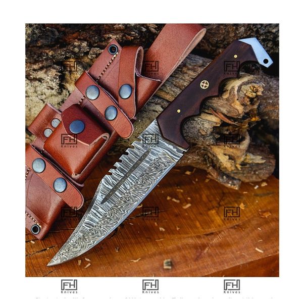 Handmade Damascus bowie knife with sheath Fixed blade hunting knife for Survival Ergonomic Walnut wood handle (6).jpg
