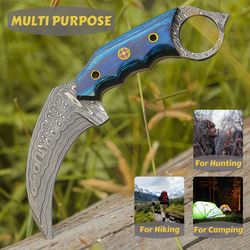 Handmade Damascus karambit knife with sheath | Survival knife | Fixed blade knife | Gift for Him | Fathers Day gift