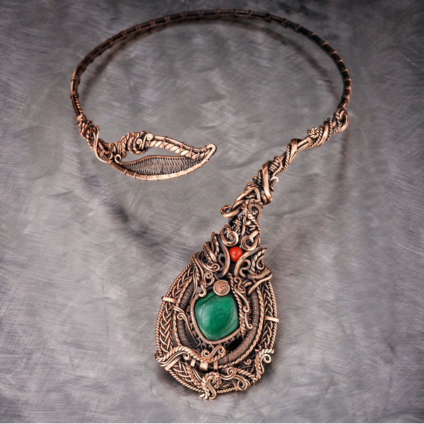 malachite jasper wire wrapped copper necklace with Unique flower style Green gemstone open choker Handcrafted jewelry (3).jpeg