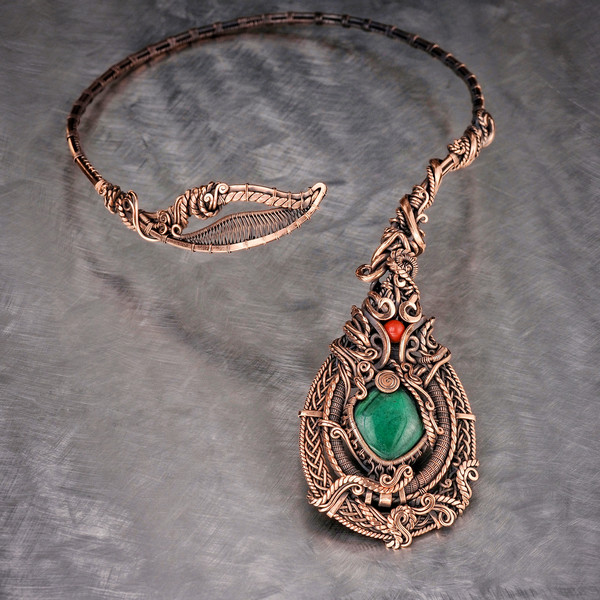 malachite jasper wire wrapped copper necklace with Unique flower style Green gemstone open choker Handcrafted jewelry (4).jpeg