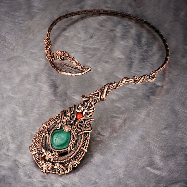 malachite jasper wire wrapped copper necklace with Unique flower style Green gemstone open choker Handcrafted jewelry (5).jpeg