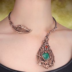 Malachite and jasper collar necklace / Unique copper wire wrapped open choker