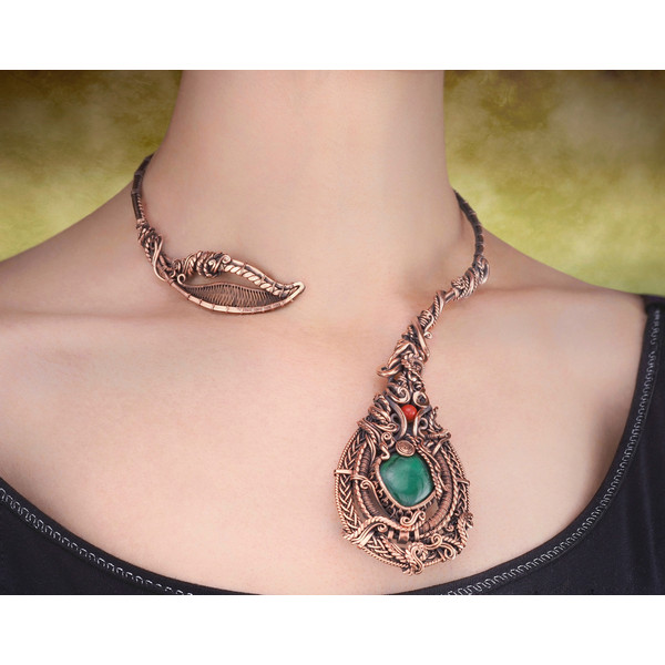 malachite jasper wire wrapped copper necklace with Unique flower style Green gemstone open choker Handcrafted jewelry (7).jpeg