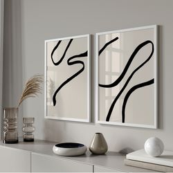 Unique Minimal Wall Art Prints, Beige Black Abstract Line Art, Minimal Artwork, Wall Art, Modern Minimalist, SET OF 2