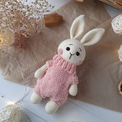 Stuffed bunny toy in pink costume best gift for baby girl. Plush bunny toy. Handmade rabbit. Organic baby toys.