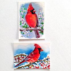 ACEO Cardinal Painting Bird Original Art Set Watercolor Small Art Card Animal by PaintingsDollsByZoe