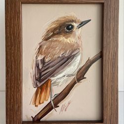 Bird Painting Flycatcher Oil Painting in frame 3.5x5inch animalistic artwork