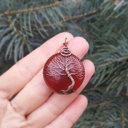 2nd Anniversary Gift for Her, Carnelian Tree Of Life Wire Wrapped Necklace, 2 Year Wedding Anniversary Gift for Wife