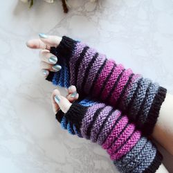 Mittens knitted striped  Multicolored wool hand warmers