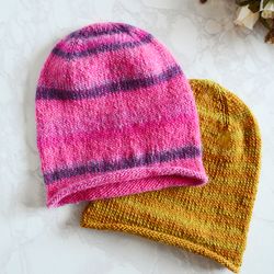 Bright pink knit beanie hat for women