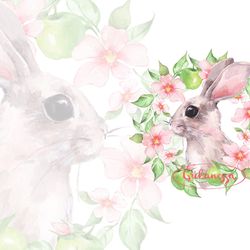 rabbit and flowers. watercolor bunny clipart png. digital download