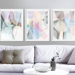 Abstrac Painting, Set of Three Prints, Pink Blue Wall Art, Abstrac Geometric, Pastel Poster, Digital Download, Home Art