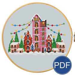 Christmas street cross stitch pattern, easy beginner cross stitch PDF pattern