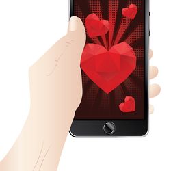 Lovely Valentines day greetings with red heart on phone display