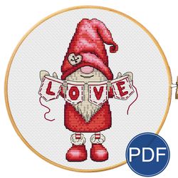 Valentine gnome for cross stitch pattern