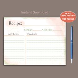 recipe template, printable recipe, recipe page, cookbook template, recipe card template, recipe printable, recipe book t