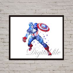 Captain America Marvel Superhero Art Print Digital Files decor nursery room watercolor
