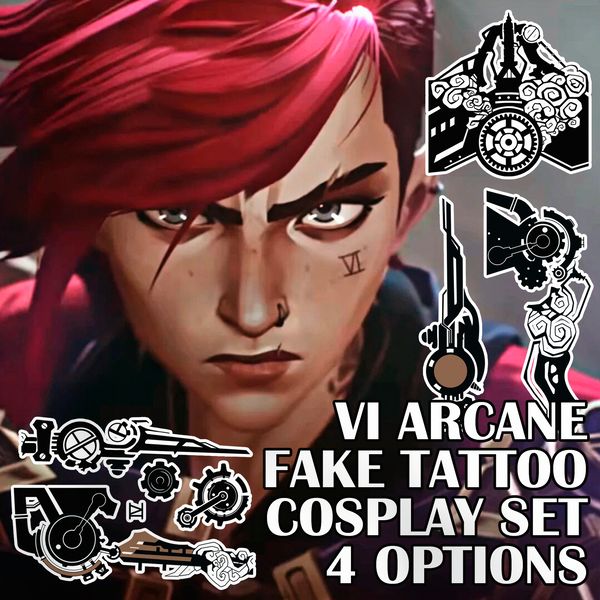 VI full set fake tattoo Cosplay Arcane game merch League of Legend Temporary sticker tats kawaii gift Otaku weeb design